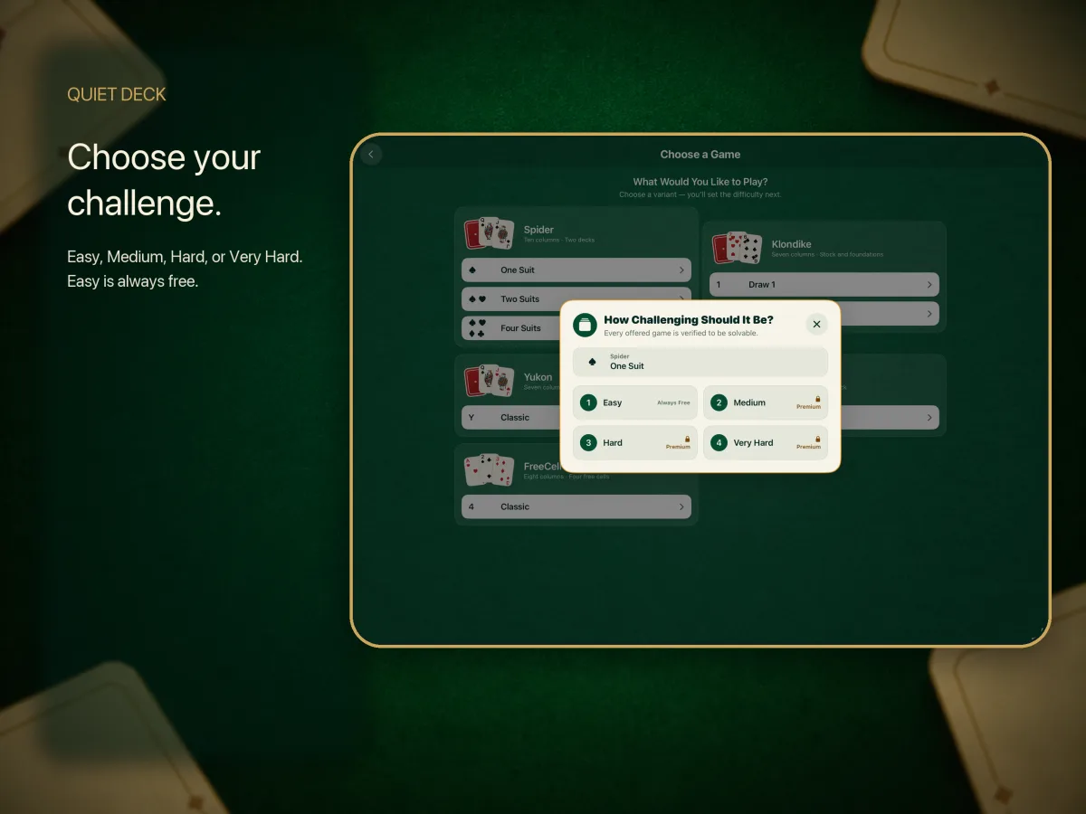 Difficulty selection in Quiet Deck on iPad